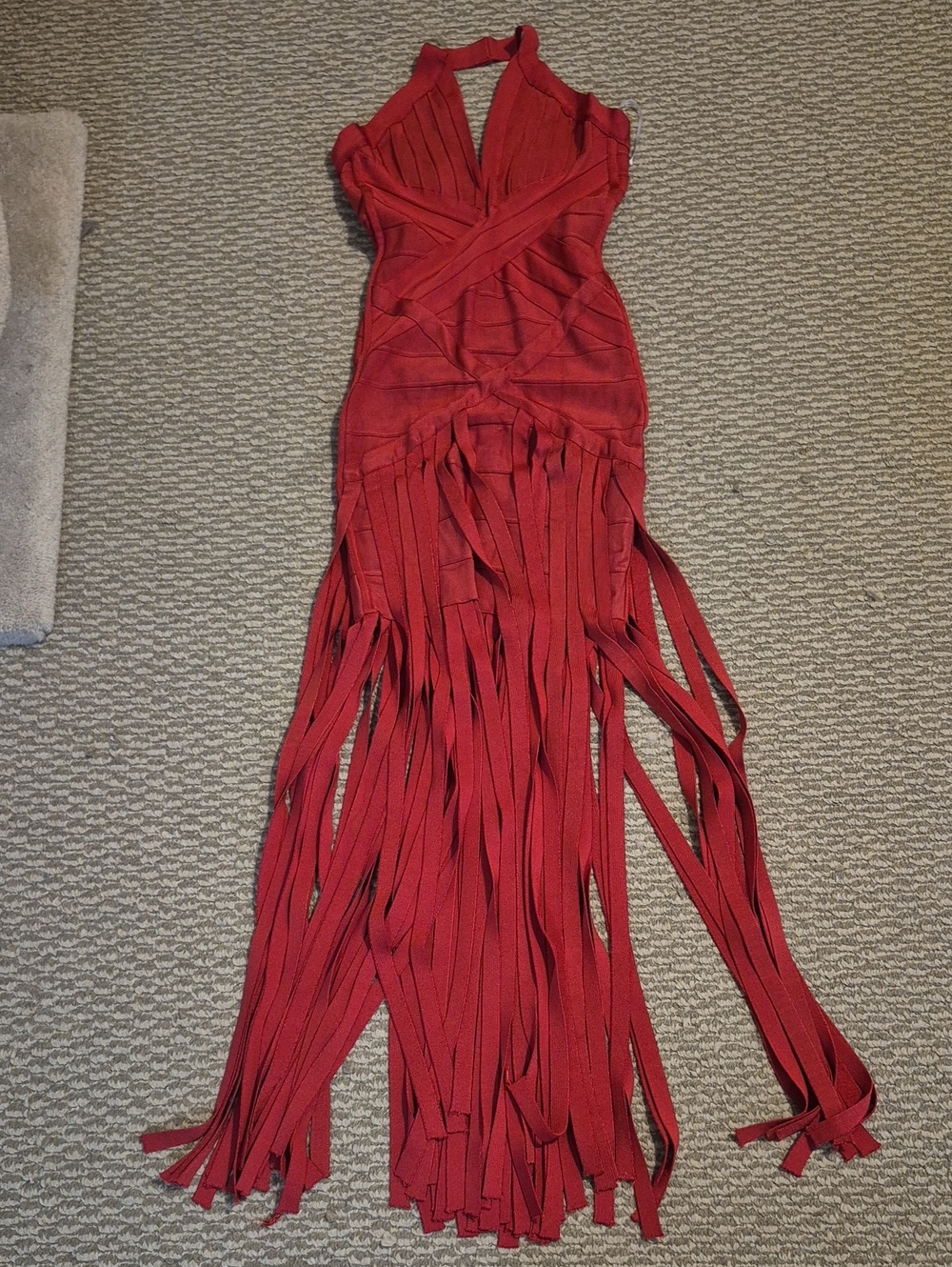 L'ATISTE Brick Red Fringed Bandage Halter Gown